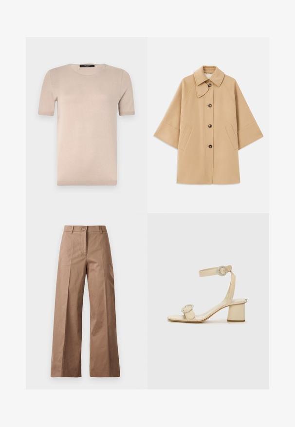 Šviesiai rudas vilnos mišinys paltas su klasikiniu apykakle, priekyje mygtukais užsegamas, ir šoninėmis kišenėmis; turi raglan tipo rankoves ir švarų, struktūrizuotą dizainą.; Smėlio spalvos trumpomis rankovėmis trikotažo viršus su apvalia iškirpte, pasižymintis lygiu paviršiumi ir raukšlėta apatine dalimi. Paprastas, klasikinis dizainas, idealus sluoksniavimui.; Rudos plačios kojų kelnės, pagamintos iš lygios medžiagos, su priekiniais mygtukais, dviem priekinėmis kišenėmis ir švariomis, pritaikytomis linijomis.; Šviesiai rudos spalvos aukštakulniai šlepetės minimalistiniu dizainu, su dviem apvaliais akcentais ir masyviu kulnu. Pagamintos iš lygaus odos.