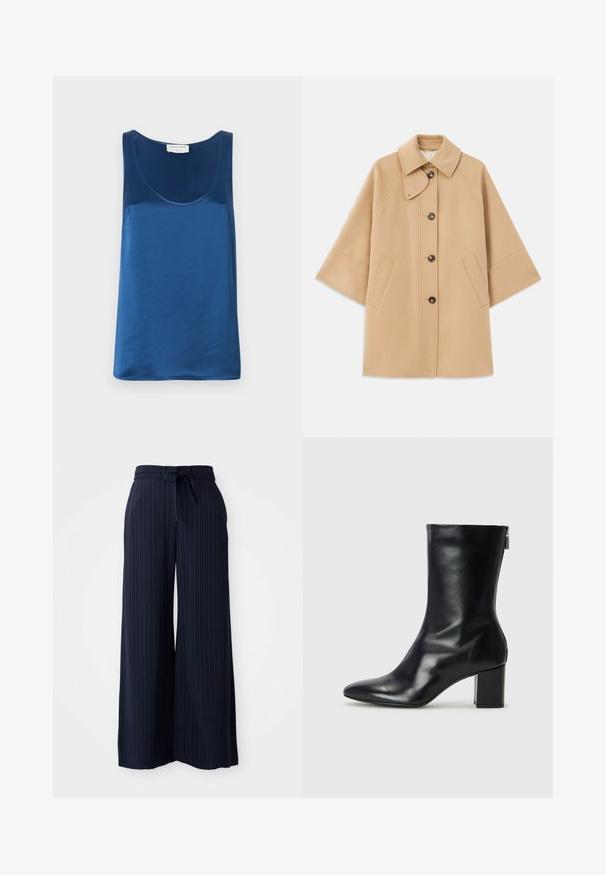 Beige wollen blend jas met een klassieke kraag, sluiting met knopen aan de voorkant en zijzakken; heeft raglanmouwen en een nette, gestructureerde uitstraling.; Blauwe satijnen tanktop met een ronde halslijn en brede schouderbanden, zachte textuur en een relaxte pasvorm.; Navy palazzo broek met een verticale streepjespatroon. Voorzien van een strikband en een zachte, gladde textuur. Lichtgewicht stof.; Zwarte leren enkelboot met een spitse neus en een blokhak van 4 cm. Strak ontwerp met een zijrits voor gemakkelijke aan- en uittrekken. Soepele textuur.