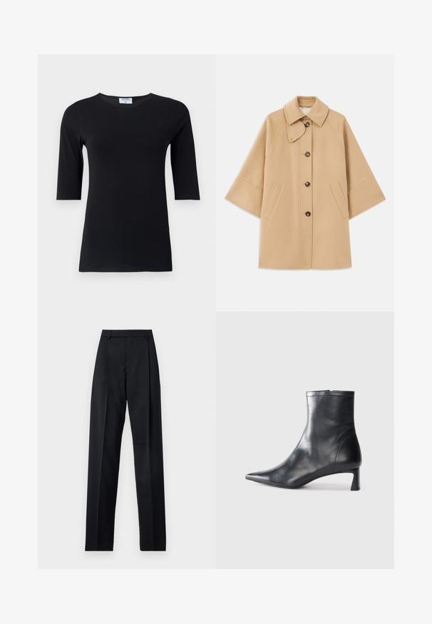 Bežový kabát z vlnenej zmesi s klasickým golierom, predným zapínaním na gombíky a bočnými vreckami; má raglánové rukávy a čistý, štruktúrovaný dizajn.; Čierny dlhý rukáv top vyrobený z mäkkej, elastickej tkaniny. Má okrúhly výstrih a priliehavý strih s rukávmi strednej dĺžky.; Čierne nohavice vyrobené z hladkej látky s vysokým pásom, širokými nohavicami, prednými záhybmi a klasickými pútkami na opasok. Žiadne bočné vrecká nie sú viditeľné.; Čierne kožené členkové topánky s špicatou špičkou a elegantným dizajnom. Majú nízky podpätok a zips na zadnej strane. Hladká textúra.