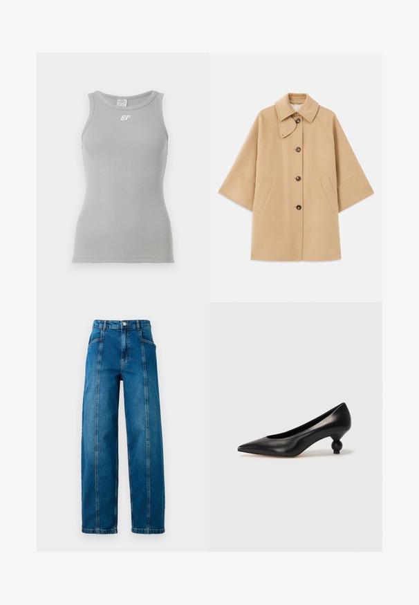 Šviesiai rudas vilnos mišinys paltas su klasikiniu apykakle, priekyje mygtukais užsegamas, ir šoninėmis kišenėmis; turi raglan tipo rankoves ir švarų, struktūrizuotą dizainą.; Pilkos juostelės marškinėliai be rankovių su apvaliu kaklu. Priekyje yra mažas baltas logotipas. Lygus, elastingas audinys.; Aukštai diržui pritaikyti mėlyni džinsai su plačiais džinsais, priekinėmis vertikaliomis siūlėmis, šoninėmis kišenėmis, diržo kilpelėmis ir mygtuko užsegimu.; Juoda odinė aukštakulnė bateliai su smailiu pirštu ir apvaliu, iškiliu kulnu. Lygus paviršius su elegantišku, minimalistiniu dizainu.