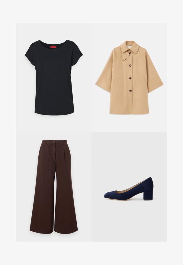 Beige kabát z vlněné směsi s klasickým límcem, zapínáním na knoflíky vpředu a bočními kapsami; má raglánové rukávy a čistý, strukturovaný design.; MAX&Co. MALDIVE - Jednoduché tričko - schwarz; Hnědé kalhoty s vysokým pasem, širokými nohavicemi, zapínáním na knoflík a zip, poutky na pásek a předními sklady.; Námořnicky modré semišové lodičky s špičatou špičkou a středně vysokým blokovým podpatkem. Hladká textura s jemným leskem a malým výřezem na přední části.