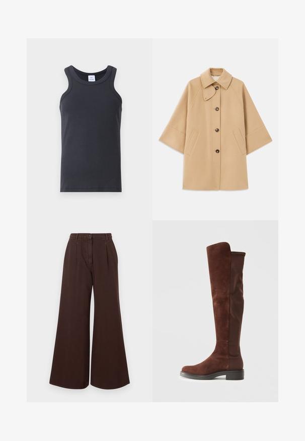 Beež villasegu jakk klassikalise kraega, ees nuppude sulgemise ja küljetaskutega; omab raglan-varrukaid ja puhtalt, struktureeritud disaini.; Must mustriba tank top, mille ümar kaelus, laiad õlavarre rihmad ja sile tekstuur. Kaeluses on silt.; Kõrge vöökoht, laiad pruunid püksid nupuga ja tõmblukuga, vöörihmadega ning ees olevate voltidega.; Pikk pruunist nahast ja kangast saabas madala musta kandiga ja ümarate varvastega, nähtav külgvaates lihtsal valgel taustal.