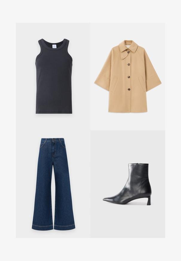 Bež kaput od vune s kombinacijom materijala, klasičnog ovratnika, prednjim zatvorenjem na dugmad i bočnim dzepovima; ima raglan rukave i čist, strukturiran dizajn.; Crna rebrasta majica bez rukava s okruglim izrezom, širokim naramenicama i glatkom teksturom. Sadrži oznaku na izrezu.; Široke plave traperice s visokim strukom, s kopčanjem na gumbe, petljama za remen i suptilnim detaljima šavova duž džepova i rubova.; Crne kožne gležnjače s uskim vrhom i elegantnim dizajnom. Imaju niski potpetak i zatvaranje na patentni zatvarač straga. Glatka tekstura.