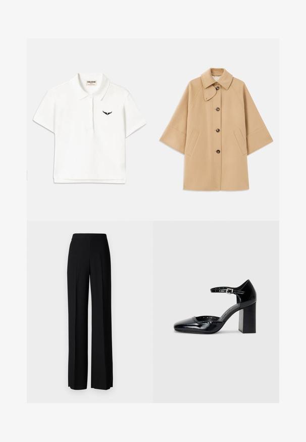Beige ullblandad kappa med klassisk krage, framknäppning med knappar och sidofickor; har raglanärmar och en ren, strukturerad design.; Vit pikétröja med korta ärmar, med en svart vinge-logotyp på vänster bröst och en klassisk krage. Slätt tyg.; Svarta vida byxor med en slät textur, med hög midja och centrala veck. Inga synliga mönster eller hårdvarudetaljer.; Svarta lackläders högklackade skor med fyrkantig tå, ankelrem och kraftig klack. Inkluderar perforerad detaljering längs kanten.