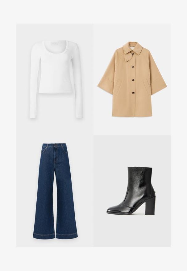 Casaco em mistura de lã bege com colarinho clássico, fecho frontal com botões e bolsos laterais; possui mangas raglan e um design limpo e estruturado.; Camisa de algodão branca de manga longa, com decote em forma de U e design ajustado, apresentando uma textura suave e um leve elástico.; Jeans azul de perna larga com cintura alta, apresentando um fecho de botão, passantes para cinto e detalhes de costura discretos ao longo dos bolsos e das bainhas.; Bota ankle preta em pele com uma textura suave, bico fino e um salto alto robusto. Apresenta uma abertura lateral e um design minimalista.