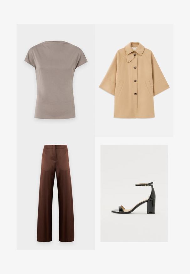 Beige gyapjú mix kabát klasszikus gallérral, elülső gombos záródással és oldalsó zsebekkel; raglán ujjaival és letisztult, strukturált dizájnjával rendelkezik.; Rövid ujjú, kerek nyakú felső puha taupe anyagból. Simaságával és enyhe rugalmasságával kiemelkedő, laza szabással rendelkezik, és nincs látható mintázata.; Barna, bő szárú nadrág sima, könnyű anyagból, lapos elülső résszel, zsebek nélkül és egyenes sziluettel.; Fekete lakkbőr szandál széles sarokkal, nyitott orral és bokapánttal, amelyen arany csat található. Sima felület és elegáns dizájn.