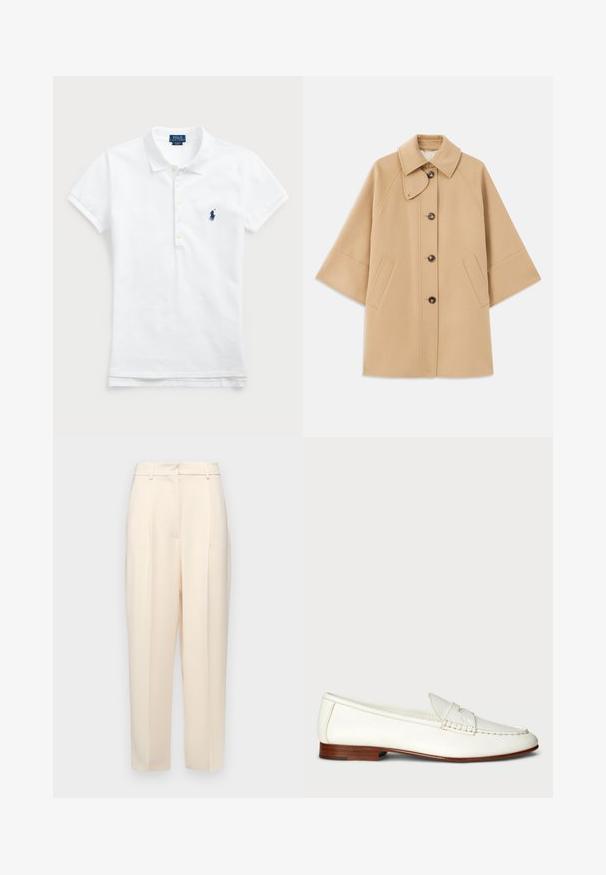 Šviesiai rudas vilnos mišinys paltas su klasikiniu apykakle, priekyje mygtukais užsegamas, ir šoninėmis kišenėmis; turi raglan tipo rankoves ir švarų, struktūrizuotą dizainą.; Balta medvilninė polo marškinėliai su klasikiniu apykaklės dizainu, trumpomis rankovėmis ir tamsiai mėlynu siuvinėtu logotipu kairėje krūtinės pusėje. Penkių mygtukų užtrauktukas.; Bežinės pritaikytos kelnės su tiesiu kirpimu, su raukšlėmis priekyje, lygia tekstūra ir vidutinio aukščio juosmens. Nematomos kišenės.; Balti odiniai loafers su tekstūruotu paviršiumi, apvalia nosimi ir pintu akcentu. Žemas medinis kulnas ir minimalistinis dizainas.