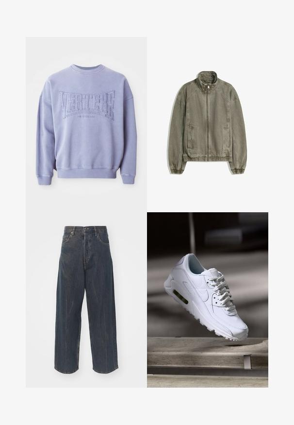 Jasnobrązowa, casualowa kurtka na zamek z wysokim kołnierzem, elastycznymi mankietami i dołem oraz kieszeniami z przodu, ułożona płasko na białym tle.; Fioletowa bluza z miękkiego materiału z wyszytymi napisami "VERTERE" i "BERLIN". Rybakowe mankiety i dekolt oraz luźny krój.; Koszulka z krótkim rękawem w szarym i białym kolorze z wzorem w panterkę. Wykonana z miękkiego materiału, z okrągłym dekoltem.; Szerokie, ciemnoniebieskie dżinsy z subtelnym efektem przetarcia, pięć kieszeni oraz klasyczne zapięcie na guzik i zamek błyskawiczny w talii.; Białe skórzane sneakersy z teksturowanymi powierzchniami, wyściełanym kołnierzem i widoczną poduszką powietrzną w podeszwie. Posiadają sznurówki i minimalistyczny design.
