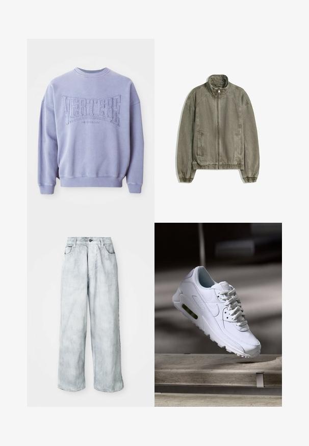 Light brown casual zip-up jacket with high collar, elastic cuffs and hem, and front pockets laid flat on white background.; Purple sweatshirt made of soft fabric featuring stitched text "VERTERE" and "BERLIN." Ribbed cuffs and neckline with relaxed fit.; Light-wash wide-leg jeans with a high waist, front button and zip closure, belt loops, and front and back pockets.; White leather sneaker with textured surfaces, padded collar, and visible air cushioning in sole. Features laces and a minimalistic design.