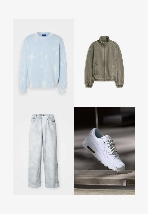 Lichtbruine casual zip-up jas met hoge kraag, elastische boorden en zoom, en voorzakken plat gelegd op een witte achtergrond.; Lichtblauw sweatshirt met een tie-dye patroon, ronde hals en wijde mouwen. Gemaakt van zachte stof met ribbels aan de manchetten en onderkant.; Lichtgewassen wijde jeans met een hoge taille, knoop- en ritssluiting aan de voorkant, riemlussen en voor- en achterzakken.; Witte leren sneaker met gestructureerde oppervlakken, gevoerde kraag en zichtbare luchtbescherming in de zool. Heeft veters en een minimalistisch ontwerp.