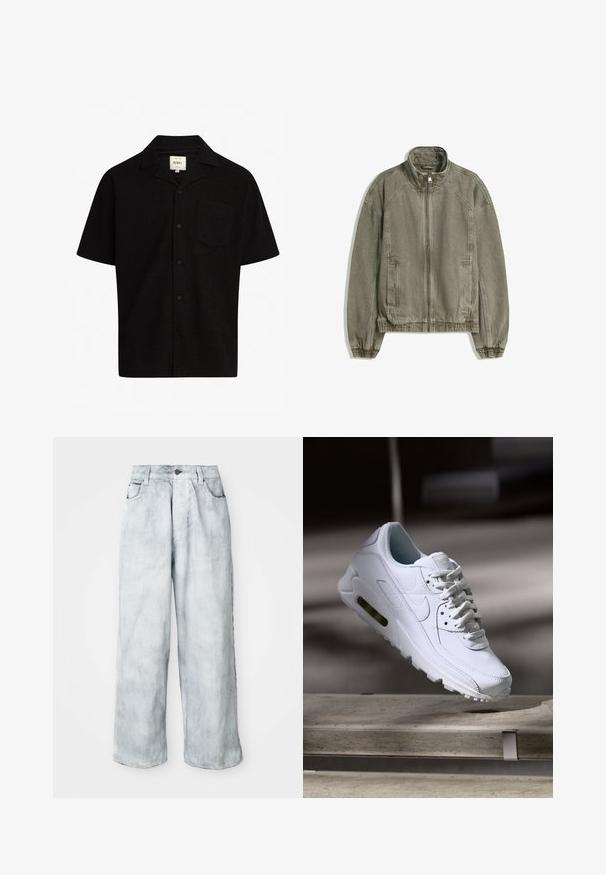 Jasnobrązowa, casualowa kurtka na zamek z wysokim kołnierzem, elastycznymi mankietami i dołem oraz kieszeniami z przodu, ułożona płasko na białym tle.; Czarna koszula z krótkim rękawem wykonana z teksturowanej tkaniny, z kołnierzykiem, guzikami z przodu i jedną kieszenią na piersi.; Jasnoniebieskie dżinsy o szerokich nogawkach z wysokim stanem, z przednim zapięciem na guzik i zamek błyskawiczny, szlufkami na pasek oraz przednimi i tylnymi kieszeniami.; Białe skórzane sneakersy z teksturowanymi powierzchniami, wyściełanym kołnierzem i widoczną poduszką powietrzną w podeszwie. Posiadają sznurówki i minimalistyczny design.