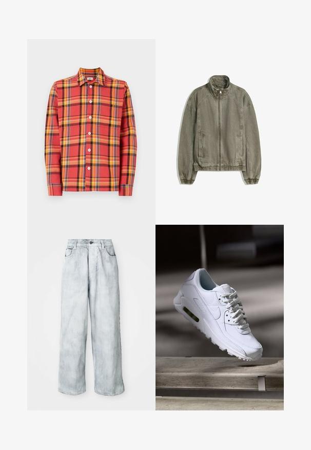 Svetlo rjava casual jopica na zadrgo z visokim ovratnikom, elastičnimi manžetami in robom ter sprednjimi žepi, razporejena na beli podlagi.; Rdeča in rumena karirana srajca s dolgimi rokavi, ki ima bele gumbe in klasični ovratnik. Mehka bombažna tkanina z vidno teksturo.; Svetlo prane široke hlače z visokim pasom, sprednjim gumbom in zadrgo, obročki za pas ter sprednjimi in zadnjimi žepi.; Bela usnjena teniska obutev s teksturiranimi površinami, podloženim ovratnikom in vidnim zračnim blaženjem v podplatu. Vsebuje vezalke in minimalističen dizajn.