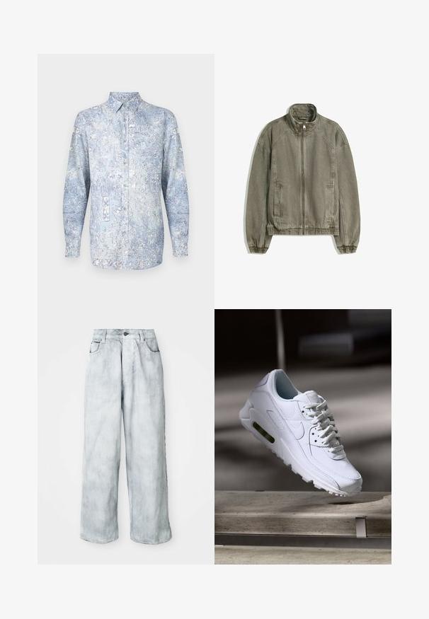 Lichtbruine casual zip-up jas met hoge kraag, elastische boorden en zoom, en voorzakken plat gelegd op een witte achtergrond.; Lichtblauw overhemd met knopen, voorzien van bloemmotieven, lange mouwen en een klassieke kraag. Gemaakt van zachte stof met een gladde textuur.; Lichtgewassen wijde jeans met een hoge taille, knoop- en ritssluiting aan de voorkant, riemlussen en voor- en achterzakken.; Witte leren sneaker met gestructureerde oppervlakken, gevoerde kraag en zichtbare luchtbescherming in de zool. Heeft veters en een minimalistisch ontwerp.