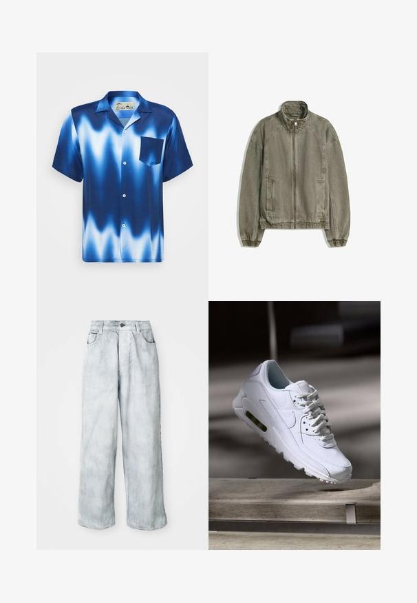 Világosbarna, laza fazonú, cipzáras dzseki magas gallérral, rugalmas mandzsettákkal és szegéllyel, valamint elülső zsebekkel, egy sík fehér háttéren.; Rövid ujjú gombos ing gradiens kék színben, fehér hullámokkal. Mellzsebbel rendelkezik és sima, fényes anyagból készült.; Világoskék, bőszárú farmernadrág magas derékkal, elülső gombos és cipzáras záródással, övhurkokkal, valamint elülső és hátsó zsebekkel.; Fehér bőr sneaker, texturált felületekkel, párnázott gallérral és látható légpárnázottsággal a talpban. Felszereltsége fűzőkkel és minimalista dizájnnal rendelkezik.