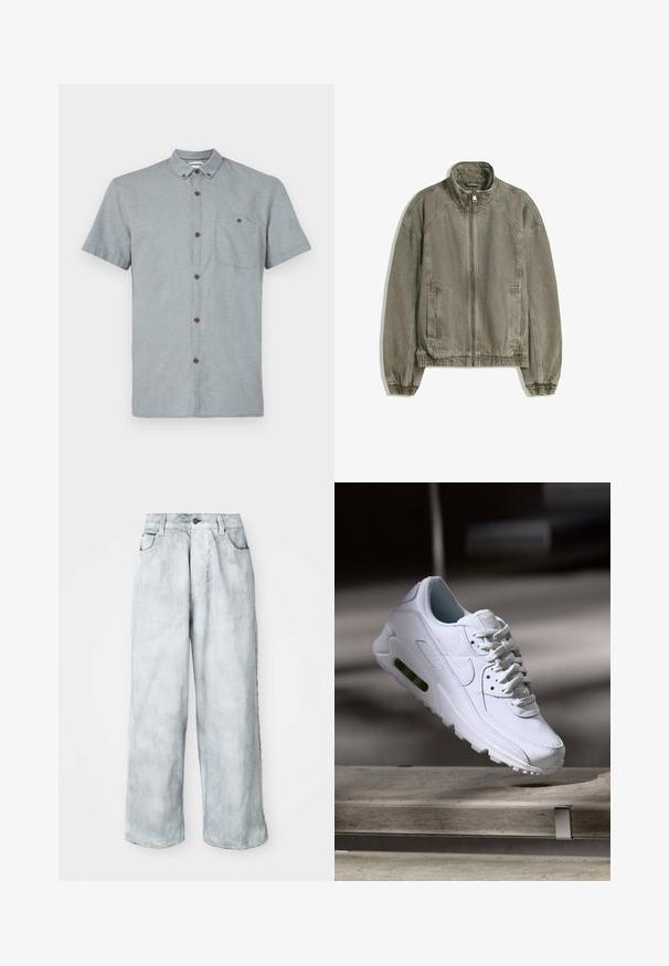 Giacca casual zip-up marrone chiaro con colletto alto, polsini ed orlo elasticizzati, e tasche frontali, adagiata su sfondo bianco.; Camicia a maniche corte con colletto in tessuto grigio chiaro con un motivo testurizzato. Presenta una tasca sul petto e bottoni scuri.; Jeans a gamba larga in denim chiaro con vita alta, chiusura frontale a bottone e zip, passanti per cintura e tasche anteriori e posteriori.; Sneaker bianco in pelle con superfici texture, collo imbottito e ammortizzazione d'aria visibile nella suola. Presenta lacci e un design minimalista.