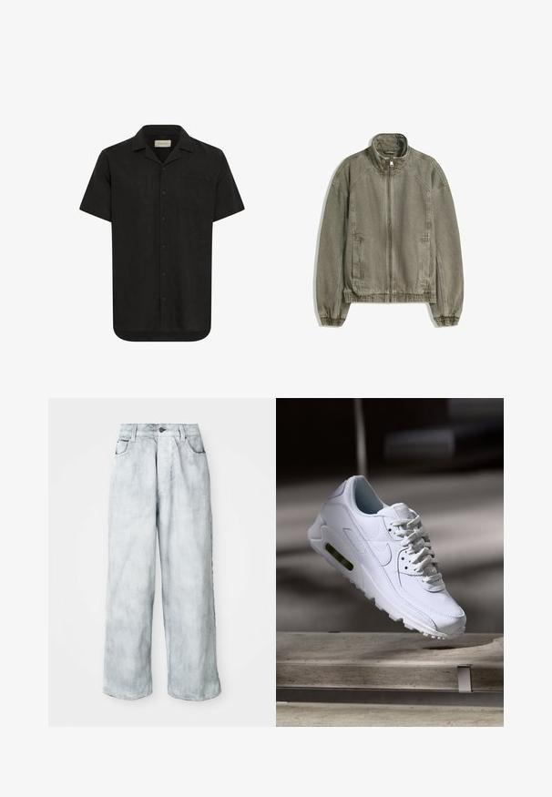 Giacca casual zip-up marrone chiaro con colletto alto, polsini ed orlo elasticizzati, e tasche frontali, adagiata su sfondo bianco.; Camicetta nera a maniche corte in tessuto leggero, con chiusura a bottoni, colletto a punta, taschino singolo sul petto e orlo dritto.; Jeans a gamba larga in denim chiaro con vita alta, chiusura frontale a bottone e zip, passanti per cintura e tasche anteriori e posteriori.; Sneaker bianco in pelle con superfici texture, collo imbottito e ammortizzazione d'aria visibile nella suola. Presenta lacci e un design minimalista.