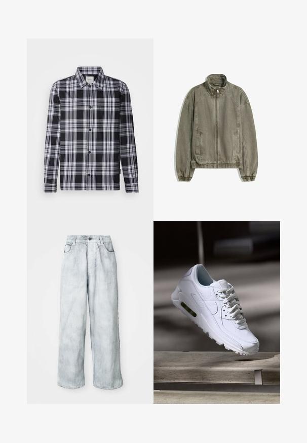 Giacca casual zip-up marrone chiaro con colletto alto, polsini ed orlo elasticizzati, e tasche frontali, adagiata su sfondo bianco.; Camicia a quadri bianca e nera con maniche lunghe, bottone frontale e colletto classico. Tessuto morbido con una consistenza liscia.; Maglietta a maniche corte grigia e bianca con motivo a stampa leopardata. Realizzata in un tessuto morbido con scollo rotondo.; Jeans a gamba larga in denim chiaro con vita alta, chiusura frontale a bottone e zip, passanti per cintura e tasche anteriori e posteriori.; Sneaker bianco in pelle con superfici texture, collo imbottito e ammortizzazione d'aria visibile nella suola. Presenta lacci e un design minimalista.