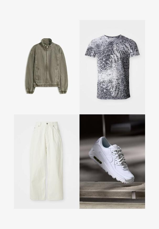 Vaaleanruskea rento vetoketjullinen takki, jossa on korkea kaulus, joustavat hihansuut ja helma, sekä etutaskut, asetettuna tasaisesti valkoista taustaa vasten.; Lyhytojllyinen t-paita harmaana ja valkoisena, jossa on leopardikuosis. Valmistettu pehmeästä kankaasta ja pyöreästä kaula-aukoista.; Valkoiset leveälahkeiset housut, jotka on valmistettu puuvillasta. Ne ovat korkeavyötäröiset, viidellä taskulla ja metallinappikiinnityksellä. Housuissa on sileä tekstuuri ja minimalistinen muotoilu.; Valkoinen nahkasneakers, jossa on teksturoidut pinnat, pehmustettu kaulus ja näkyvä ilmatäyttö pohjassa. Varustettu nauhoilla ja minimalistisella muotoilulla.