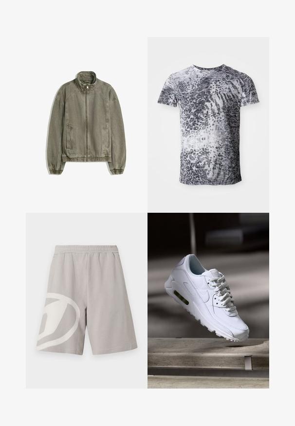 Jasnobrązowa, casualowa kurtka na zamek z wysokim kołnierzem, elastycznymi mankietami i dołem oraz kieszeniami z przodu, ułożona płasko na białym tle.; Koszulka z krótkim rękawem w szarym i białym kolorze z wzorem w panterkę. Wykonana z miękkiego materiału, z okrągłym dekoltem.; Jasnoszare casualowe spodenki z elastycznym pasem i dużym białym abstrakcyjnym wzorem na lewej nogawce, prezentowane na białym tle.; Białe skórzane sneakersy z teksturowanymi powierzchniami, wyściełanym kołnierzem i widoczną poduszką powietrzną w podeszwie. Posiadają sznurówki i minimalistyczny design.