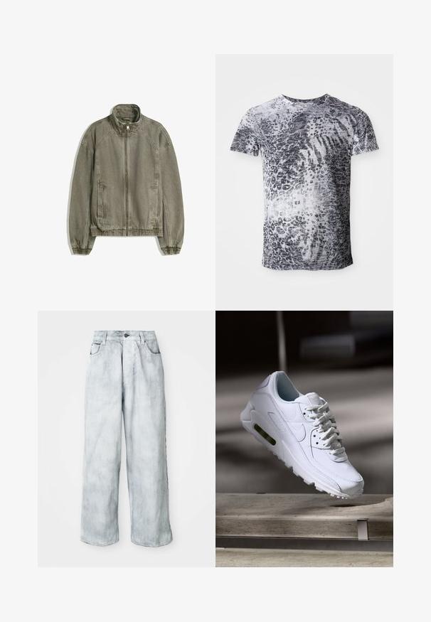 Vaaleanruskea rento vetoketjullinen takki, jossa on korkea kaulus, joustavat hihansuut ja helma, sekä etutaskut, asetettuna tasaisesti valkoista taustaa vasten.; Lyhytojllyinen t-paita harmaana ja valkoisena, jossa on leopardikuosis. Valmistettu pehmeästä kankaasta ja pyöreästä kaula-aukoista.; Vaaleansiniset leveälahkeiset farkut, joissa on korkea vyötärö, edessä napitus ja vetoketju, vyölenkit sekä etu- ja takataskut.; Valkoinen nahkasneakers, jossa on teksturoidut pinnat, pehmustettu kaulus ja näkyvä ilmatäyttö pohjassa. Varustettu nauhoilla ja minimalistisella muotoilulla.