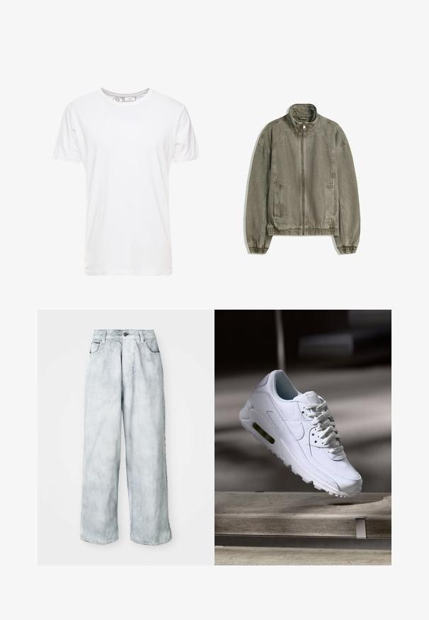 Light brown casual zip-up jacket with high collar, elastic cuffs and hem, and front pockets laid flat on white background.; White organic cotton T-shirt with a crew neckline, short sleeves, and a relaxed fit. Label visible inside collar, no patterns or logos.; Light-wash wide-leg jeans with a high waist, front button and zip closure, belt loops, and front and back pockets.; White leather sneaker with textured surfaces, padded collar, and visible air cushioning in sole. Features laces and a minimalistic design.