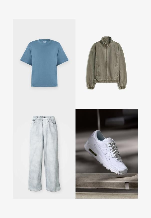 Jasnobrązowa, casualowa kurtka na zamek z wysokim kołnierzem, elastycznymi mankietami i dołem oraz kieszeniami z przodu, ułożona płasko na białym tle.; Niebieska koszulka z krótkim rękawem, wykonana z bawełny, z klasycznym dekoltem i luźnym krojem. Gładka faktura, minimalistyczny design, bez wzorów i akcentów.; Jasnoniebieskie dżinsy o szerokich nogawkach z wysokim stanem, z przednim zapięciem na guzik i zamek błyskawiczny, szlufkami na pasek oraz przednimi i tylnymi kieszeniami.; Białe skórzane sneakersy z teksturowanymi powierzchniami, wyściełanym kołnierzem i widoczną poduszką powietrzną w podeszwie. Posiadają sznurówki i minimalistyczny design.