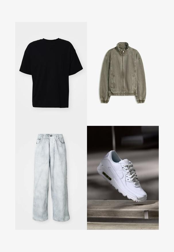 Giacca casual zip-up marrone chiaro con colletto alto, polsini ed orlo elasticizzati, e tasche frontali, adagiata su sfondo bianco.; Weekday GREAT BOXY - T-shirt basic - black; Jeans a gamba larga in denim chiaro con vita alta, chiusura frontale a bottone e zip, passanti per cintura e tasche anteriori e posteriori.; Sneaker bianco in pelle con superfici texture, collo imbottito e ammortizzazione d'aria visibile nella suola. Presenta lacci e un design minimalista.