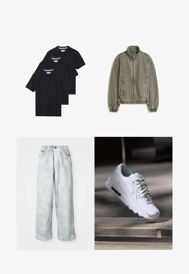 Jachetă casual crem deschis, cu fermoar, guler înalt, manșete elastice și tiv, cu buzunare frontale, așezată pe un fundal alb.; Trei tricouri polo negre din bumbac, cu guler clasic, placket cu două butoane și detalii în dungi contrastante pe guler.; Jeans largi cu talie înaltă, de culoare deschisă, cu închidere prin nasture și fermoar în față, bucle pentru curea și buzunare în față și spate.; Adidași din piele albă cu suprafețe texturate, guler căptușit și amortizare vizibilă în talpă. Prezintă sireturi și un design minimalist.