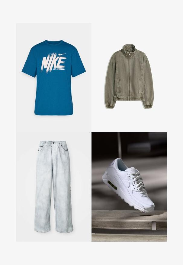 Ljusbrun avslappnad zip-up jacka med hög krage, elastiska manschetter och nederkant, samt framfickor, liggande platt på vit bakgrund.; Blå bomull T-shirt med en stor vit "NIKE"-logotyp med penseldragseffekt och texten "EST. 1977" nedanför, rund halsringning och kortärmar.; Ljust tvättade vida jeans med hög midja, framknapp och dragkedja, bälteshällor samt fram- och bakfickor.; Vit lädersneaker med strukturerade ytor, vadderad krage och synlig luftkudde i sulan. Innehåller snören och har en minimalistisk design.