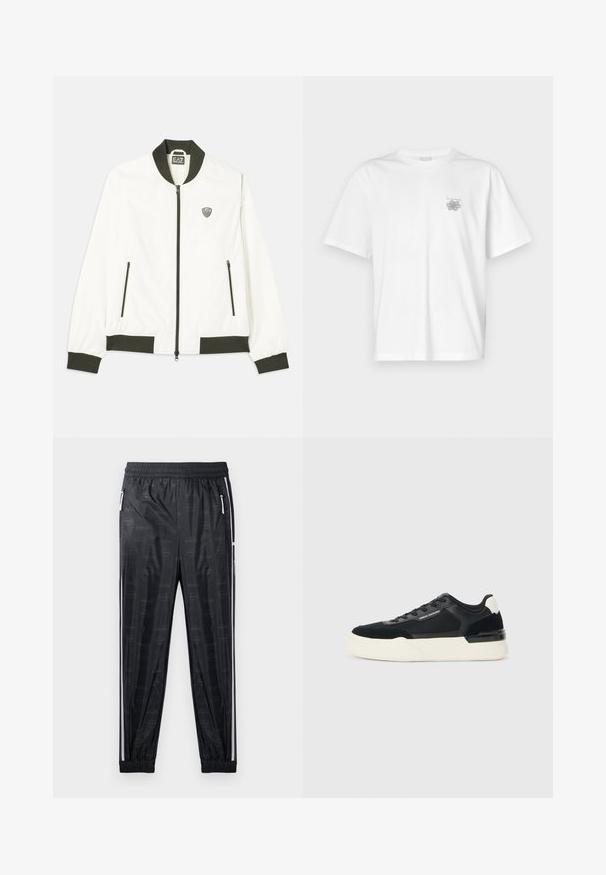 Casaco bomber branco com gola e punhos canelados em verde escuro. Apresenta fecho éclair na frente e dois bolsos laterais com fecho éclair. Logótipo EA7 no lado esquerdo do peito.; Camisa branca de algodão com mangas curtas, gola redonda e um pequeno logótipo cinza na área do peito esquerdo. Textura suave.; Calças de desporto negras com um acabamento brilhante, apresentando um padrão de logótipos subtil, cintura elástica e bolsos laterais com fecho zip e detalhes brancos.; Sapata preta feita de malha e couro, apresentando uma sola branca grossa e detalhes contrastantes. Cadarços e detalhe do logótipo na lateral.