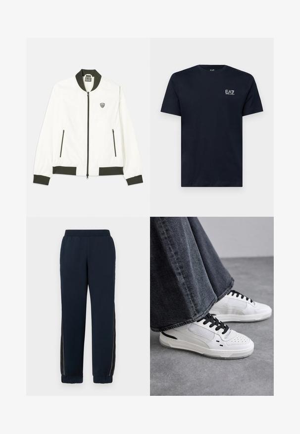 Hvit bomberjakke med mørkegrønn ribbet krage og mansjetter. Har glidelås foran og to sidelommer med glidelås. EA7-logo på venstre bryst.; Mørkeblå bomulls t-skjorte med korte ermer, rund hals og en liten hvit brodert logo på venstre bryst. Glatt tekstur.; Marineblå joggebukser med myk tekstur, innsnevret mansjett og mesh sidepaneler. Elastisk midje for komfort og avslappet passform.; Hvite sneakers med svarte lisser og mesh-detaljer. Har en glatt læroverdel og en teksturert gummisåle. Kombinert med vide gråjeans.