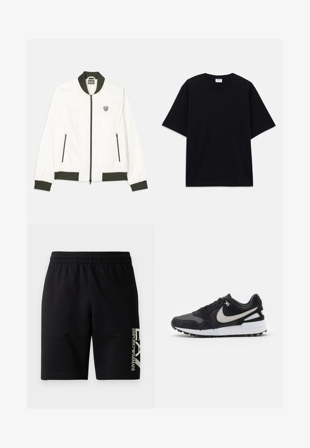 Λευκό μπουφάν τύπου bomber με σκούρο πράσινο ριμπ ύφασμα στον γιακά και στα μανίκια. Διαθέτει φερμουάρ μπροστά και δύο πλευρικές τσέπες με φερμουάρ. Λογότυπο EA7 στο αριστερό στήθος.; Μαύρο κοντομάνικο oversized T-shirt με στρογγυλή λαιμόκοψη και ορατή ετικέτα μάρκας Filippa K μέσα στον γιακά.; EA7 Emporio Armani TRAIN VISIBILITY - Σορτς - black/cream; Nike αθλητικά παπούτσια με μαύρο σουέτ επάνω μέρος, γκρι λεπτομέρειες, λευκά στοιχεία και υφασμάτινη καουτσούκ σόλα. Διαθέτουν σχέδιο δεσίματος.