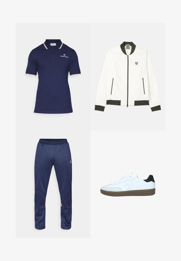 Balts bomberis ar tumši zaļu ribotu apkakli un aprocēm. Iekļauj priekšējo rāvējslēdzēju un divas sānu kabatas ar rāvējslēdzēju. EA7 logo kreisajā krūtī.; Krošanu zila polo krekls, kas izgatavots no kokvilnas, ar divu pogu plauktu, īsām piedurknēm ar dzelteniem un baltiem svītrām, kā arī ar izšuvu logotipu.; Tums zilas sporta bikses ar elastīgu jostu, divām oranžām svītrām apakšējās kājās un logotipu augšējā labajā kājā.; Baltas ādas sporta apavi ar perforētu logo dizainu, krēmkrāsas auklām un brūnu gumijas zoli. Iekļauts melns akcenti uz papēža.