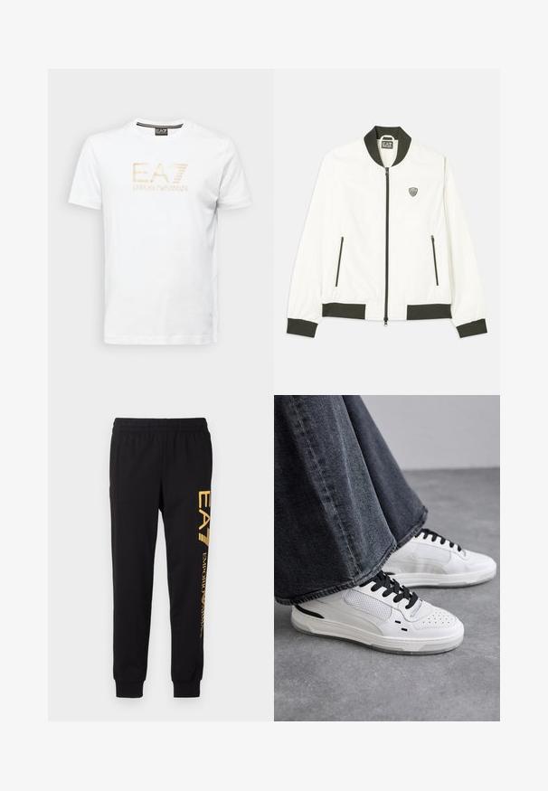 Balta bombinė striukė su tamsiai žaliu rausvu apykakle ir rankogaliais. Turi užtrauktuką priekyje ir dvi šonines užtrauktukų kišenes. EA7 logotipas kairiajame krūtinės pusėje.; Balta medvilninė marškinėlių su bežiniais EA7 logotipu ir "EMPORIO ARMANI" tekstu, apvaliu kaklu ir trumpomis rankovėmis, lygaus tekstūros.; Juodi sportiniai džinsai pagaminti iš minkštos medžiagos, su elastinga juosmens linija ir įvarstytais kulkšniais. Geltonas ženklinimas vertikaliai spausdintas kairėje kojoje.; Balsuoti baltieji sportbačiai su juodomis raištelėmis ir tinklo detalėmis. Turintys lygią odinę viršutinę dalį ir tekstūruotą gumos padą. Su plačiais pilkais džinsais.