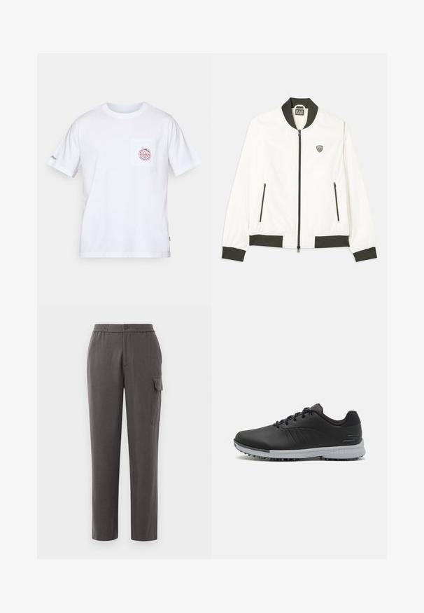Hvid bomberjakke med mørkegrøn ribbet krave og manchetter. Har lynlås foran og to sidelommer med lynlås. EA7-logo på venstre bryst.; Hvid bomulds t-shirt med rund halsudskæring, korte ærmer og en frontlomme med et rødt og blåt logo design. Standard pasform.; Grå bukser med en afslappet pasform, lavet af et glat stof. Har en knaplukning, sidelommer og en cargo-lomme på benet.; Sorte syntetiske golfsko med en struktureret overdel, snørebåndsdesign og en grå ydersål med pigge for godt greb.