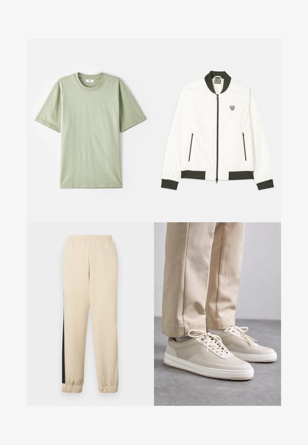 White bomber jacket with dark green ribbed collar and cuffs. Features a zip front and two side zipper pockets. EA7 logo on the left chest.; Light green cotton t-shirt with short sleeves, crew neck, and small white logo on the chest. Soft texture, casual fit, and minimal design.; Cream-colored sweatpants with black side stripes, elastic waistband, and ribbed cuffs. Soft fabric with a relaxed fit.; Beige sneakers with a textured upper, white soles, and stitched accents, paired with beige trousers, displayed on a gray surface.