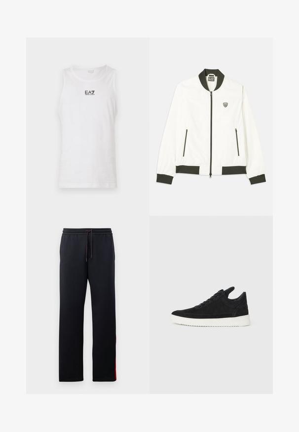 Casaco bomber branco com gola e punhos canelados em verde escuro. Apresenta fecho éclair na frente e dois bolsos laterais com fecho éclair. Logótipo EA7 no lado esquerdo do peito.; Top de alças branco sem mangas, feito de algodão, com um logo EA7 preto no peito e gola redonda. Textura suave, design casual.; Calças de treino negras com uma cintura elástica ajustável, pernas ajustadas e riscas vermelhas nas laterais. Tecido suave e elástico com uma textura lisa.; Sapatilha de camurça preta com sola de borracha branca, apresentando costuras tonais e um design com atacadores. Textura suave com uma forma moderna e simplificada.
