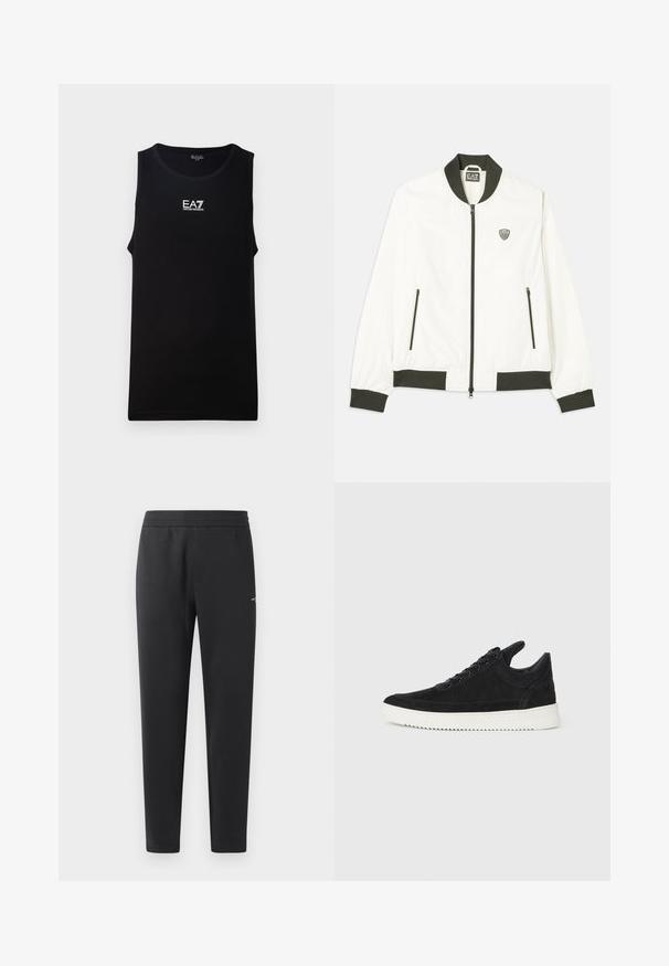 Bela bomber jakna z temno zelenim rebrastim ovratnikom in manšetami. Ima zadrgo spredaj in dva stranska žepka z zadrgo. EA7 logo na levem prsnem delu.; Črn brezrokavnik s krojnim izrezom. Ima beli EA7 Emporio Armani logotip na prsih. Narejen je iz gladkega materiala.; Črne trenirka hlače iz mehkega blaga, z elastičnim pasom, ravnimi nogami in z enim majhnim logotipom na strani.; Črne semiš športne copate z belo gumijasto podplatom, ki imajo toneče šive in vezalni dizajn. Gladka tekstura z modernim, poenoteno oblikovano silhueto.