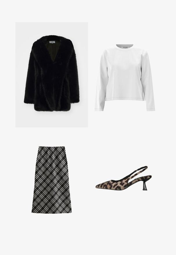 Schwarzer Kunstfellmantel mit tiefem V-Ausschnitt, weicher Textur, lockerer Passform und weiten Ärmeln. Innen ist er mit einer einfarbigen dunklen Farbe gefüttert.; Weisses Langarmshirt mit rundem Ausschnitt, aus weichem Stoff gefertigt, mit minimalen Nähdetails und einem lässigen Schnitt.; Schwarz-weißer Karorock, midilang, A-Linie Silhouette, strukturiertes Gewebe, mit überkreuzten Linien und geometrischen Mustern im gesamten Design.; Spitz zulaufender Slingback-Schuh aus einem beige-braunen Tierdruckstoff, mit einem klaren Absatz und schwarzem Rand entlang der Kanten.