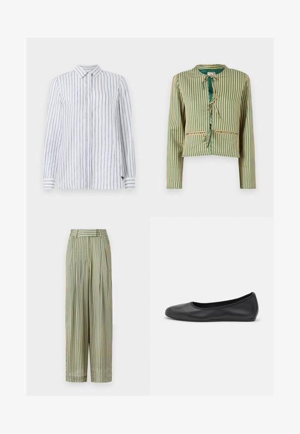 Gestreifte Jacke in Grün und Beige mit einem cropped Design. Merkmale sind lange Ärmel, ein runder Kragen und Bindebänder an der Vorderseite. Zwei Vordertaschen.; Weißes Langarmhemd mit blauen vertikalen Streifen, Button-Down-Kragen und kleinem schwarzen Logo unten links. Hergestellt aus leichtem Stoff.; MILLE CARA PANT - Stoffhose - almond/green; Schwarze Leder-Ballettschuhe mit abgerundeter Spitze, glatter Textur, minimalen Nähdetails und einem flexiblen Sohlen-Design.