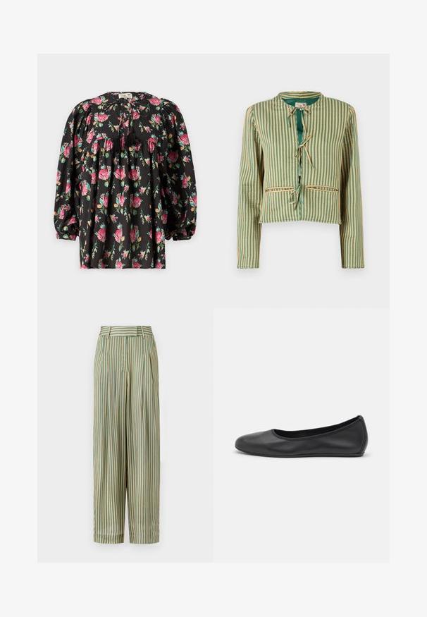 Stripet jakke i grøn og beige med en cropped design. Har lange ærmer, en rund krave og snore foran. To forlommer.; Sort bluse med blomsterprint i pink og grøn. Har pufærmer, en samlede liv og et bånd med frynser ved halsen.; MILLE CARA PANT - Bukser - almond/green; Sort læderballetsko med rund tå, glat tekstur, minimal syning og et fleksibelt såldesign.