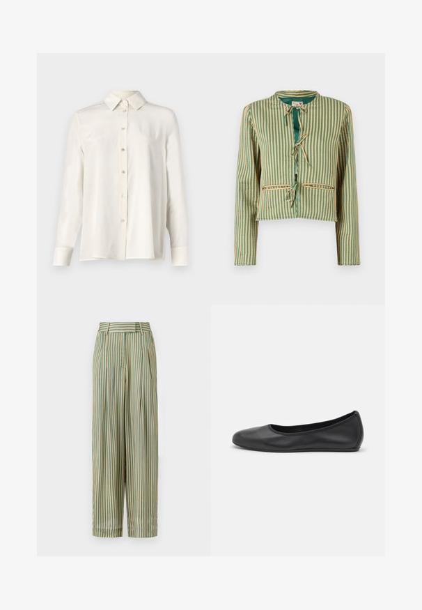 Chaqueta de rayas en verde y beige con un diseño corto. Presenta mangas largas, un collar redondeado y lazos en la parte frontal. Dos bolsillos en la parte delantera.; Camisa blanca de botonadura en tejido ligero, con cuello clásico, mangas largas y corte recto, con una textura suave.; MILLE CARA PANT - Pantalones - almond/green; Bailarina de piel negra con punta redondeada, textura suave, detalle de costura minimalista y diseño de suela flexible.