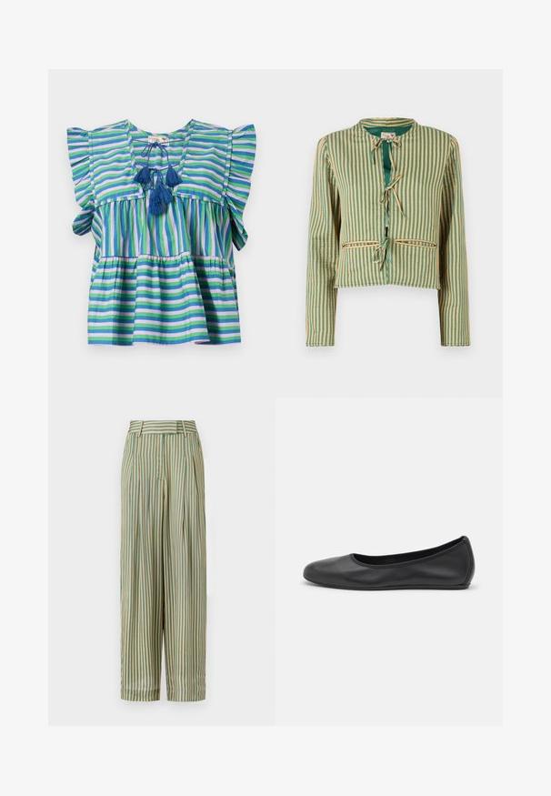 Giacca a righe verde e beige con design corto. Caratterizzata da maniche lunghe, un colletto arrotondato e lacci frontali. Due tasche anteriori.; Blusa di cotone a righe con maniche corte a volant, caratterizzata da righe blu, verde e viola, e tre nappine blu al collo.; MILLE CARA PANT - Pantaloni - almond/green; Pantofole da balletto nere in pelle con punta arrotondata, texture liscia, dettagli di cucitura minimi e design con suola flessibile.
