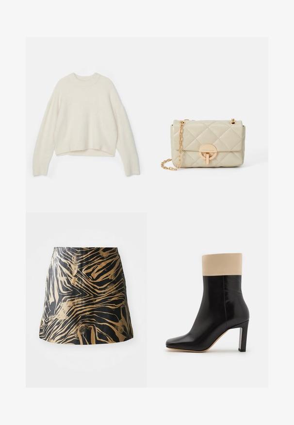 Leopardmønstret faux fur-jakke med notched krave, dobbeltradet front og let cropped form. Blød tekstur med varierende brune nuancer.; Uldtrøje i off-white med rund halsudskæring, sænkede skuldre og cropped kant. Blød tekstur med en løs pasform.; Sort og guld nederdel med zebra-stribe mønster, lavet af glat materiale med en tætsiddende pasform og høj talje design.; Sorte læderankelstøvler med en cremefarvet accent øverst, spids tå og en høj hæl med sølvaccent. Glat tekstur uden synlige mønstre.; Quiltet beige læderhandtaske med en guld kædetræksnor og rund lås, med et diskret logo og struktureret rektangulær form.