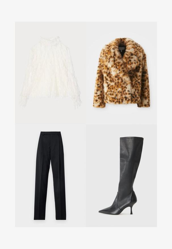 Leopardmønstret faux fur-jakke med notched krave, dobbeltradet front og let cropped form. Blød tekstur med varierende brune nuancer.; Hvid, tekstureret bluse med høj krave og flæser. Lange ærmer med elastiske manchetter, lavet af et let, gennemsigtigt stof.; Sorte bukser lavet af glat stof, der har høj talje, brede ben, frontfolder og klassiske bælteløkker. Ingen synlige sidelommer.; Knæhøje sorte læderstøvler med spidse tæer og slanke stiletto-hele. Glat tekstur med en tætsiddende design og syninger ved toppen.