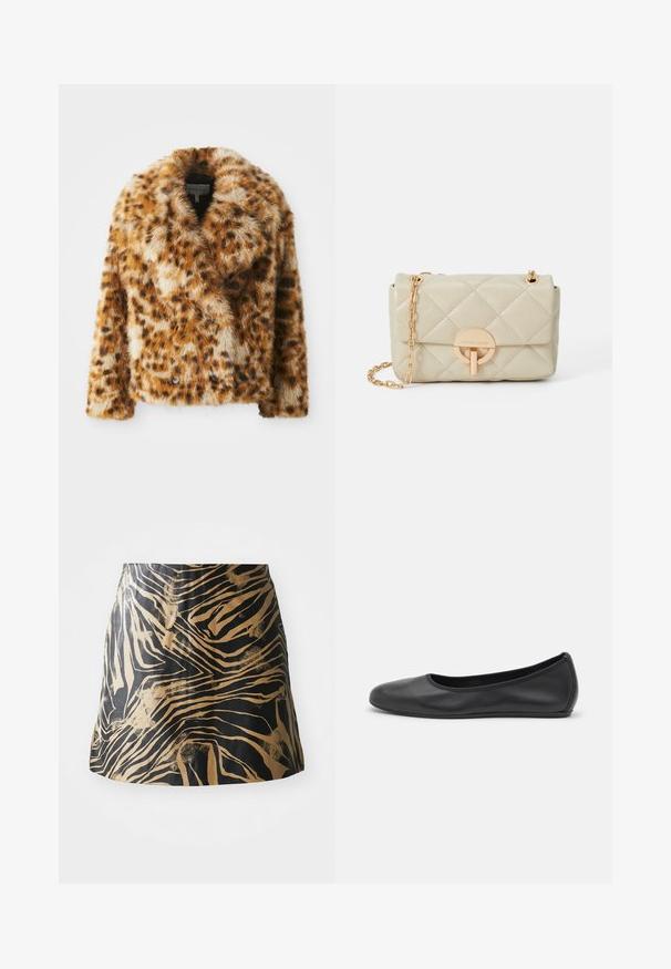 Leopardmønstret faux fur-jakke med notched krave, dobbeltradet front og let cropped form. Blød tekstur med varierende brune nuancer.; Hvid, stribet T-shirt med kortærmer og rund hals. Stoffet ser glat ud med en tætsiddende silhuet. Brandingmærke synligt ved kraven.; Sort og guld nederdel med zebra-stribe mønster, lavet af glat materiale med en tætsiddende pasform og høj talje design.; Sort læderballetsko med rund tå, glat tekstur, minimal syning og et fleksibelt såldesign.; Quiltet beige læderhandtaske med en guld kædetræksnor og rund lås, med et diskret logo og struktureret rektangulær form.