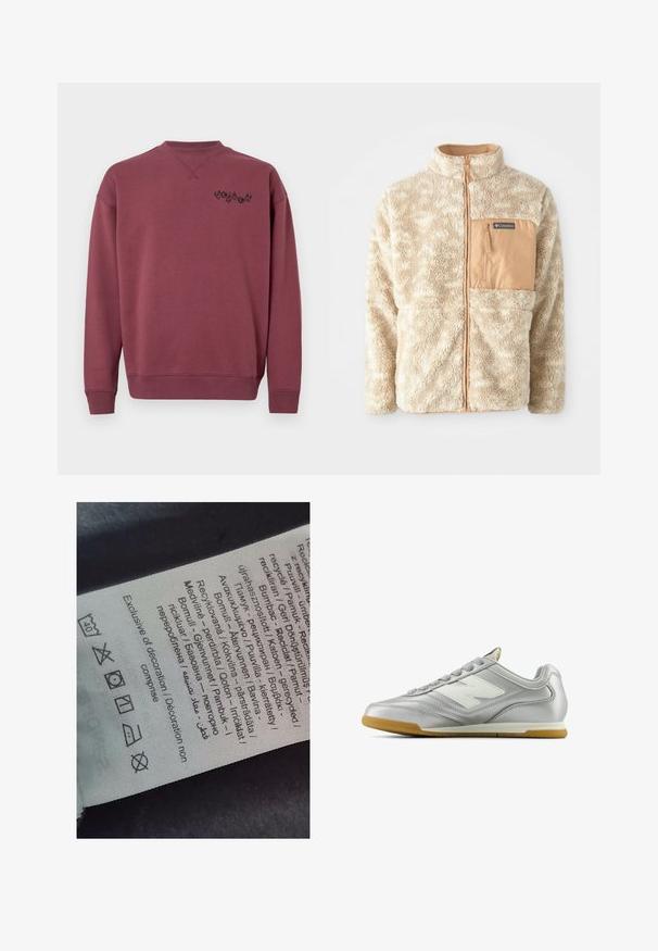 Giacca in pile beige con zip anteriore completa, tessuto testurizzato e tasca sul petto con zip color sabbia etichettata Columbia.; Felpa di cotone color borgogna con colletto rotondo e polsini a costine. Presenta un logo nero stampato sul lato sinistro del petto. Texture liscia.; Etichetta con testo multilingue, simboli di cura e icone di riciclo, stampata su un materiale morbido simile a stoffa di colore chiaro.; Scarpa sportiva argentata con una superficie liscia e lucida, logo bianco di lato, lacci grigi con texture e suola in gomma.