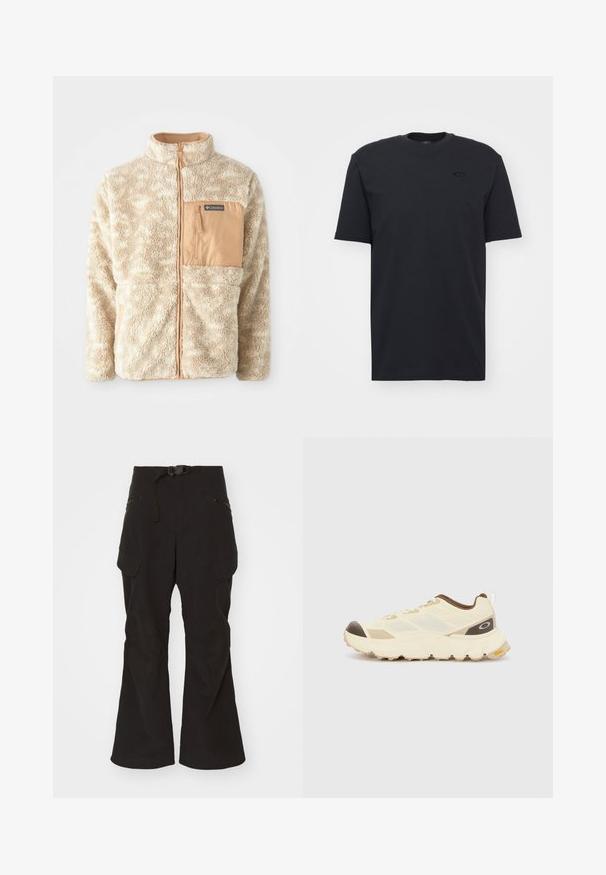 Beige fleecová bunda s plným předním zipem, texturovaná tkanina a hnědá kapsa na zip na hrudi s nápisem Columbia.; Černé bavlněné tričko s krátkým rukávem a kulatým výstřihem, s jemným logem na hrudi a volným střihem.; Černé cargo kalhoty s přiléhavým pasem, nastavitelným pásem a mnoha kapsami na zip a s klopou. Součástí jsou vyztužené kolenní záplaty.; Svetle béžová sportovní bota s texturovaným svrškem, hnědými akcenty a silnou, robustní podrážkou. Obsahuje síťované panely a poutko na zadní straně.