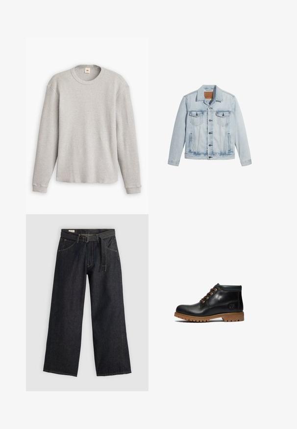 Giacca in denim azzurro chiaro con bottone frontale, due tasche sul petto e colletto classico. Dettagli sfilacciati e una forma leggermente aderente.; Maglione grigio a maniche lunghe in maglia con texture a coste, scollatura rotonda e orlo dritto. I polsini sono aderenti, realizzati in tessuto morbido.; Pantaloni a gamba larga in denim scuro con vita regolabile, dotati di tasche frontali e cuciture a contrasto. Texture liscia con un design pulito.; Timberland Stivaletti stringati - dark green