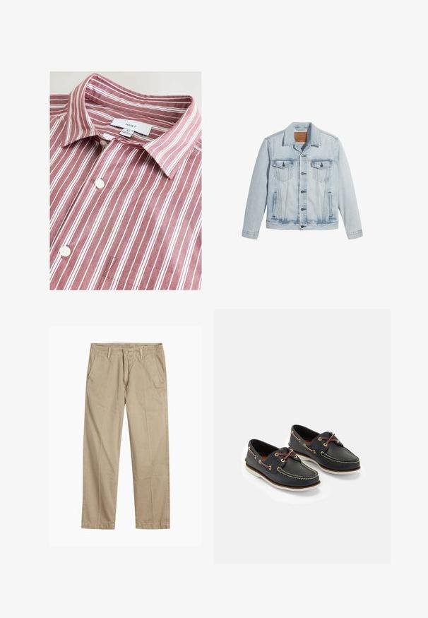 Veste en denim bleu clair avec un devant à boutons, deux poches poitrine et un col classique. Détails usés et forme légèrement ajustée.; Chemise à col rayée rouge bordeaux et blanche, en coton, avec une fermeture à boutons, une poche poitrine et une étiquette de marque sur le col.; Chinos beiges à jambes droites avec passants de ceinture, fermeture par bouton et fermeture éclair à l'avant, et poches avant en biais.; Bateaux en cuir bleu marine avec des coutures jaunes, des lacets rouges et des œillets en argent ; bout rond ; semelle en caoutchouc blanche.